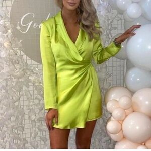 A018 Zara Lime Green Asymmetrical Ruched Cocktail Dress